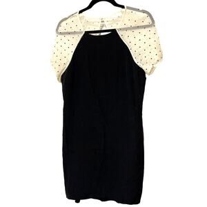 Aryn K Black Silk Dress Womens sz M Rhinestones Beige sheer Cocktail LBD